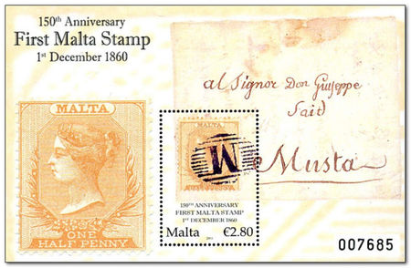 Malta 2010 150th Anniversary of 1st Malta Stamp ms.jpg