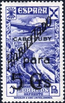 Cape Juby 1941 Spanish Postal Tax Stamps - Postal History - Surcharged and Overprinted "CABO JUBY" 5c on 1p.jpg