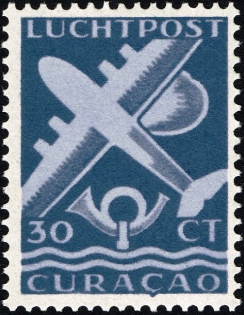 Curaçao 1947 Airmail - Plane and Post Horn 30c.jpg
