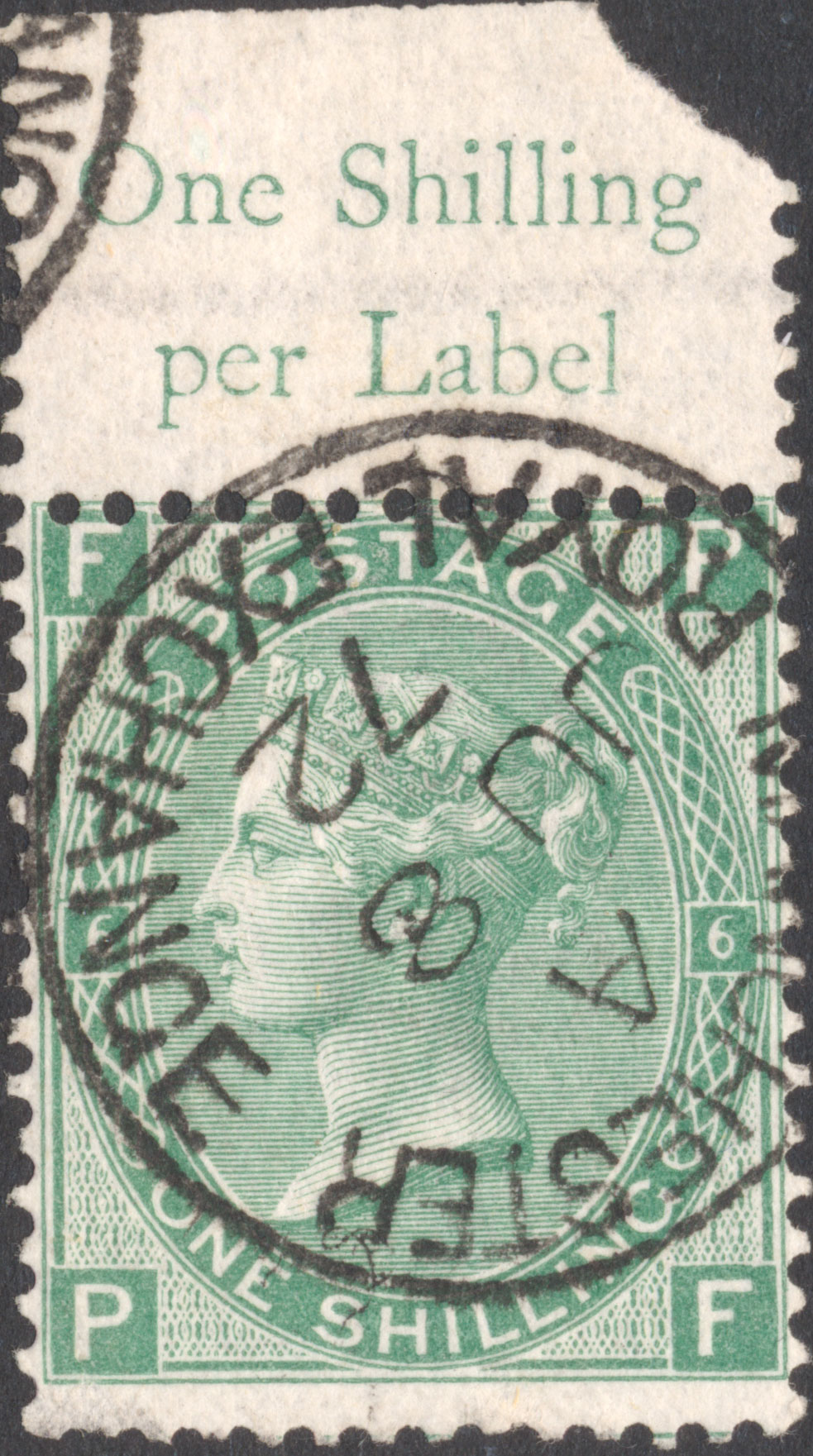 1867 One Shilling Green Plate 6 Large White Corner Letters PF.jpg