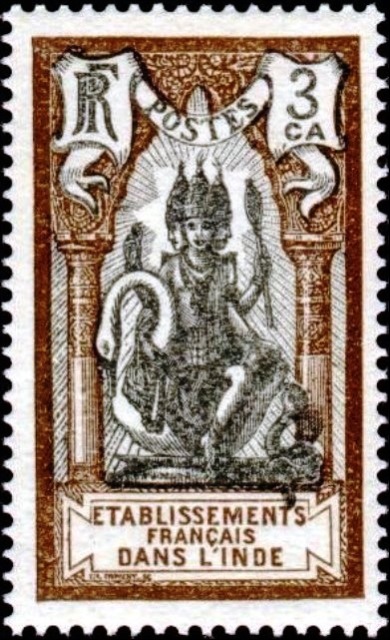 French Indian Settlements 1929 Definitives - Shiva and Pondicherry Temple - New Currency 3c.jpg