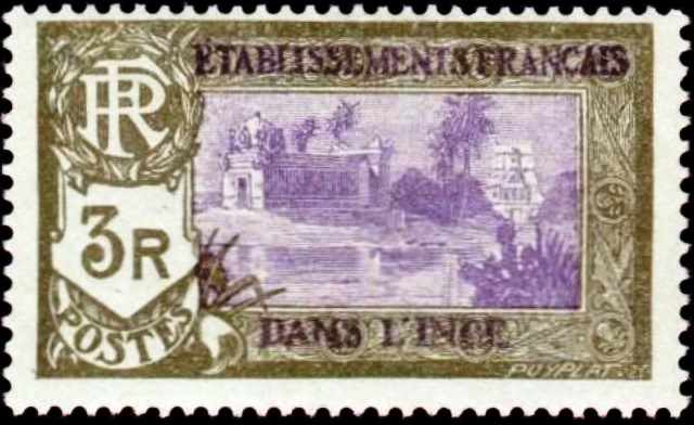 French Indian Settlements 1929 Definitives - Shiva and Pondicherry Temple - New Currency 3r.jpg