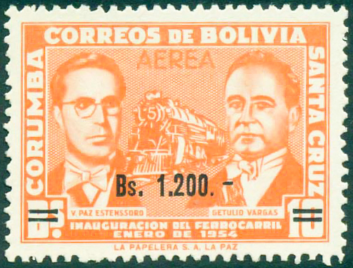 Bolivia 1960 Railway Line Corumba-Santa Cruz (surcharged) 1200.jpg