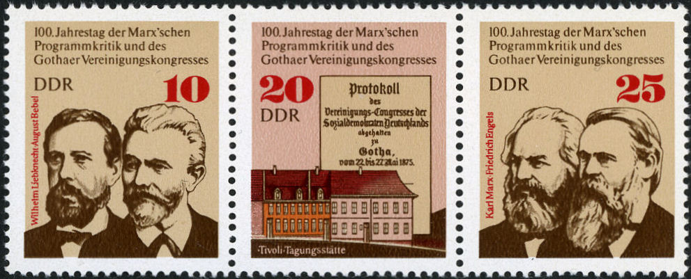 Strip of 3, 10 Pfg Wilhelm Liebknecht and August Bebel, 20 Pfg Tivoli House and front page of Protocol of Gotha, 25 Pfg Karl Marx and Friedrich Engels.