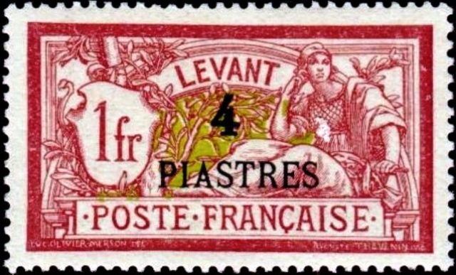 French Levant 1902 Definitives Optd 4pi on 1f.jpg