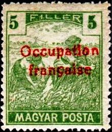 French Occupation of Hungary (ARAD) 1919 Definitives of Hungary - Harvester - Overprinted "Occupation française" 5f.jpg