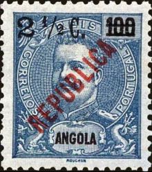 Angola 1919 Definitives - Overprinted 2½c on 100r Blue on Blue.jpg