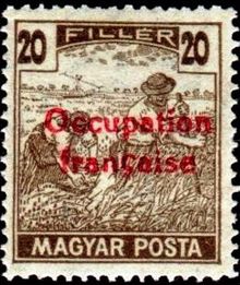 French Occupation of Hungary (ARAD) 1919 Definitives of Hungary - Harvester - Overprinted "Occupation française" 20f.jpg