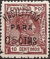 Fernando Poo 1908 Definitives - King Alfonso XIII - New Type - Surcharged 5c on 10c.jpg