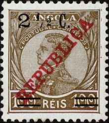 Angola 1919 Definitives - Overprinted 2½c on 100r Brown on Green.jpg