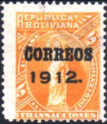 Bolivia 1912 Definitives - Sucre - Surcharges and Overprinted 5c.jpg