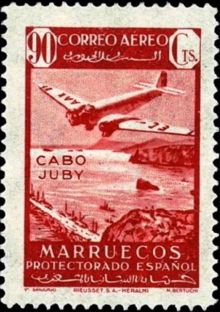 Cape Juby 1942 Airmail - Spanish Morocco Stamps - Scenery and Aircraft - Overprinted "CABO JUBY" 90c.jpg