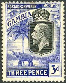 Gambia 1922 Definitives - King George V, Palm Tree and Elephant 3p.jpg