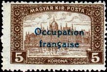 French Occupation of Hungary (ARAD) 1919 Definitive Stamps of Hungary - Overprinted "Occupation française" 5k.jpg
