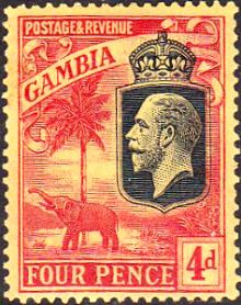 Gambia 1922 Definitives - King George V, Palm Tree and Elephant 4p.jpg